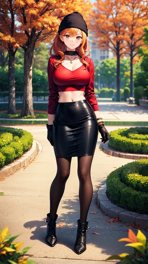 masterpiece, best quality, high detail, 1girl, beautiful woman, wavy hair, orange hair, low ponytail, large bust, red jacket, crop top, black midi pencil skirt, long black skirt:1.3, leather boots, red beanie, midriff, necklace, bracelet, gloves, collarbone, autumn, trees, leaves on ground, park, garden, stone, sidewalk, full body, looking at viewer, light smile, atmospheric, moody