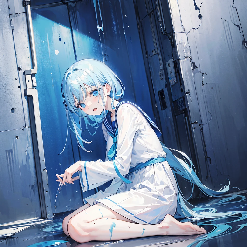 One Woman,((Sitting on the floor Sadness,Despair)) background((blue,Muddy color))Straight face,Open mouth Light blue hair,ショートボブ blue目,There are no highlights,No shine, pure white skin, sailor suit,blue色 ペンキがかかる,blue