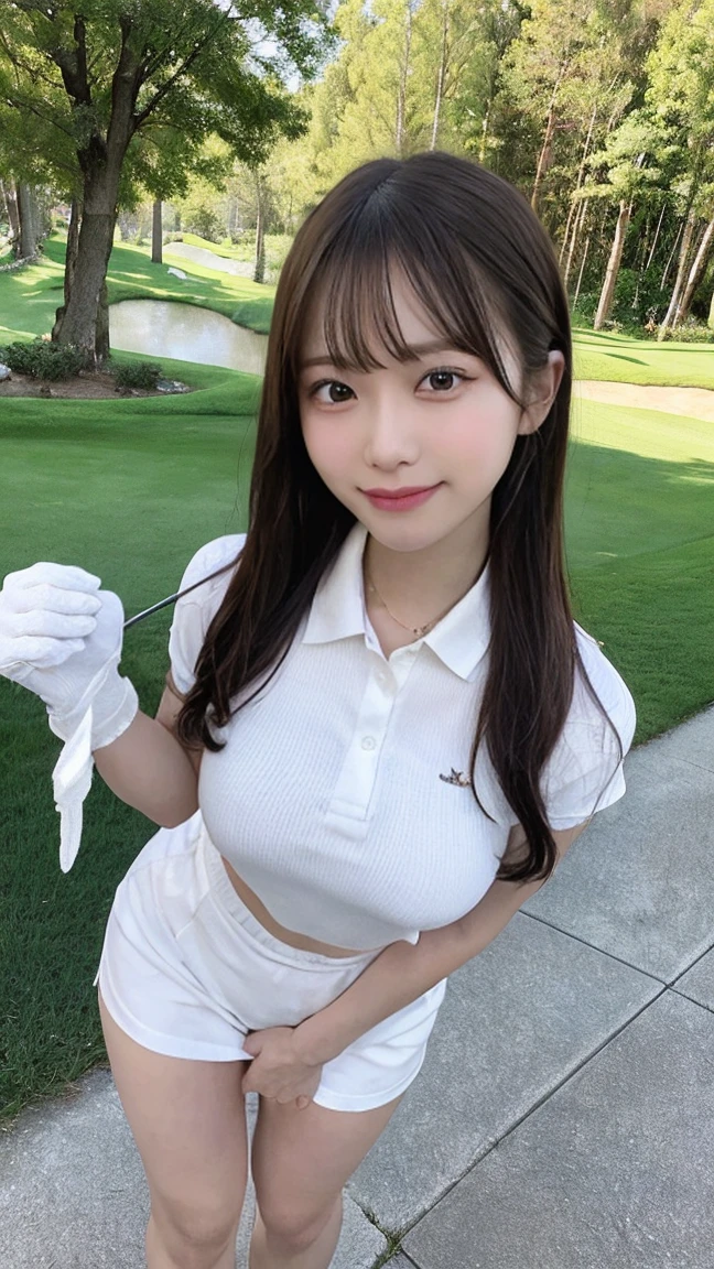 Highly detailed CG Unity 8K wallpapers, With the highest quality, Very detailed, Realistic, Realistic photos, Highly detailed cute girl, 18-year-old, alone、Slender body, (セクシーなゴルフウェア), (ゴルフ マイクロミニ フレアスカート), (Embrace the golf driver), (Wearing golf gloves)、smile, Round eyes, Slender body, Natural Breasts、Viewers watch, Full Body Shot, Golf course, サンバイザー, (white_panties), ((Low angle photo)), masterpiece