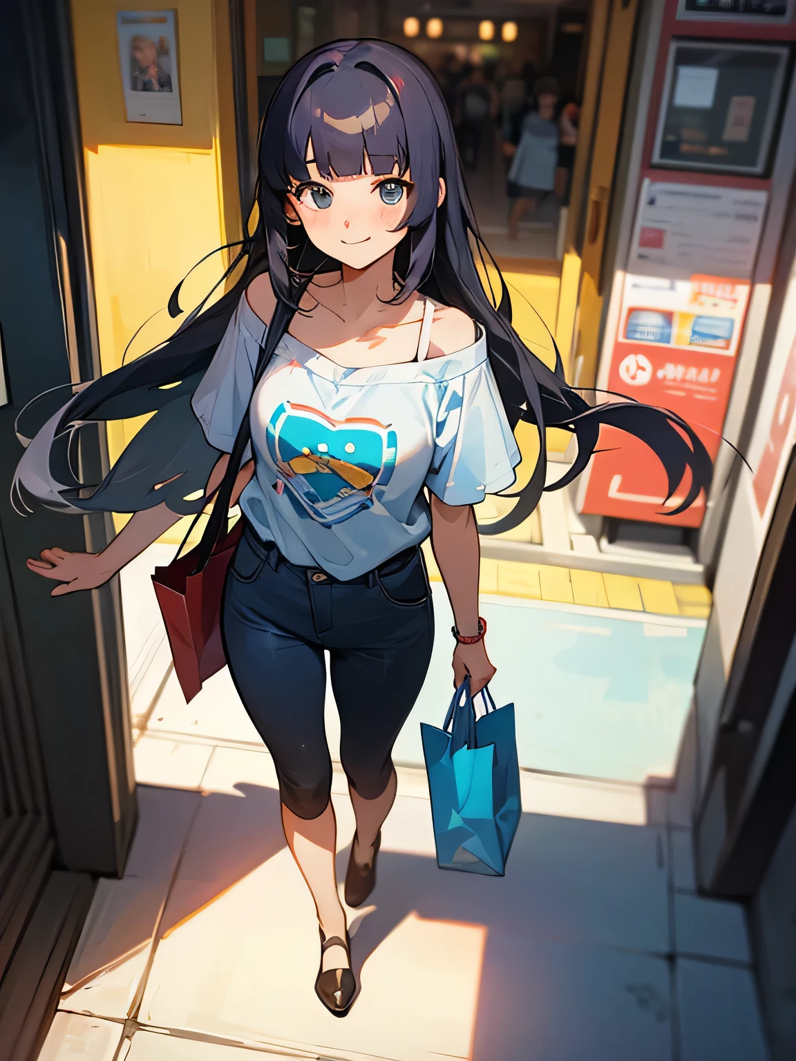 from above:1.3,dutch angle,30years old, walking through, black fine long hair, (blunt bangs), tsurime, off shoulder, thin pastel blue t-shirts, mini pants, (I'm the main character), looking away, on the street, on the shopping street, looking at the show window,happy smile,(たくさん買い物した)