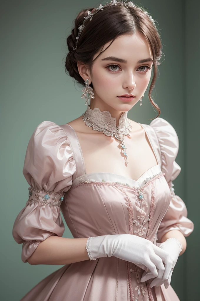 Create a realistic portrait of a Victorian era dress, which simulates small leaves embroidered on the glossy fabric, bold, made of silk, playing between vibrant pastel pink tones, silver metallic details, short, delicately puffed sleeves, with many fabric overlays and a bodice elegantly supporting and highlighting the medium bust, She wears gloves matching her dress, simple jewelry with rings, delicate necklace and earrings.