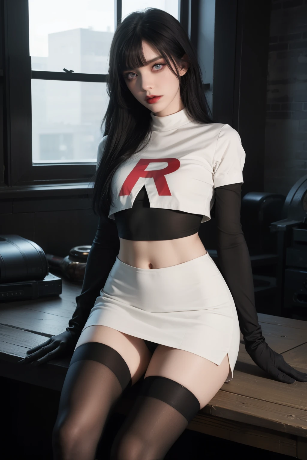 1girl, team rocket,team rocket uniform, red letter R, white skirt,white crop top,black thigh-highs,black elbow gloves, black hair, goth makeup, goth, eyeliner, pale skin, smoky eyes, eye shadow, mascara, bangs, indoors, blue eyes