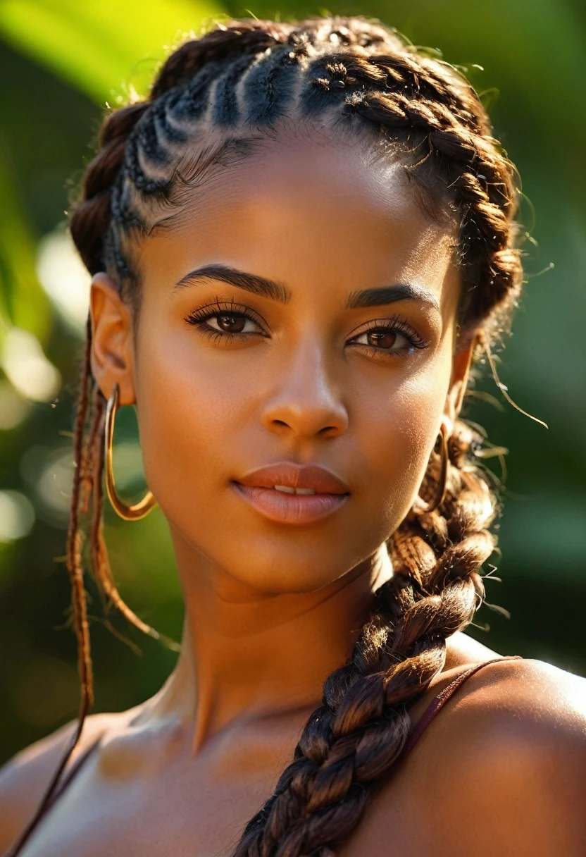 Jamaican woman with braided amber hair tied back with leather thread, lovely female, good love energy, Caribbean community, exquisite details, a spanish caribbean woman with lush dark long style hair (realistic:1.1) ,outside, finely detailed, quality, (masterpiece:1.3) , (photorealistic:1.5) , (detailed skin:1.3) , micro pores, mesmerizing pupils, detailed eyelashes, (intricate details) , (Best Quality, HDR, raw), she is surrounded, engulfed (exterior dreamy cumulus land), extraordinary, she's embracing air molecules, no makeup, natural, ethereal lovely, dark shadows and DEEP colors, messy hair, Porta 160 color, shot on ARRI ALEXA 65, long depth of field, raw woman giving creative love, from paradise garden , ceremony, she's is lovingly giving, (photorealistic:1.3), sunset light, pleasing realistic photo, ((Anatomically correct proportions: 1.3)), ((perfectly proportion, beautiful woman) ), A detailed face, detailed eyes, Detailed fingers, detailed arms, Detailed skin