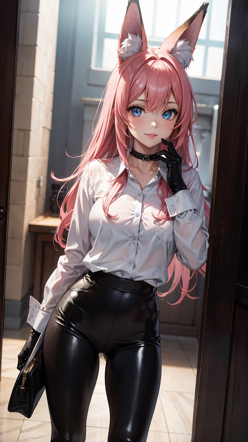 masterpiece, Superior image quality, High resolution, 4k image,photo and gross, photorealistic, whole body, 1 girl, walking, {{{vagina}}}, beautiful face, long pink hair, blue eyes, very detailed eyes, fox ears, seductive expression, smile, choker:1.6, (white collar button down long sleeve shirt), black gloves, gloves that cover hands, (shiny black leggings), Sensual Lips, show details in the eyes, front view, looking at the viewer, Mansion, at daytime, illuminated