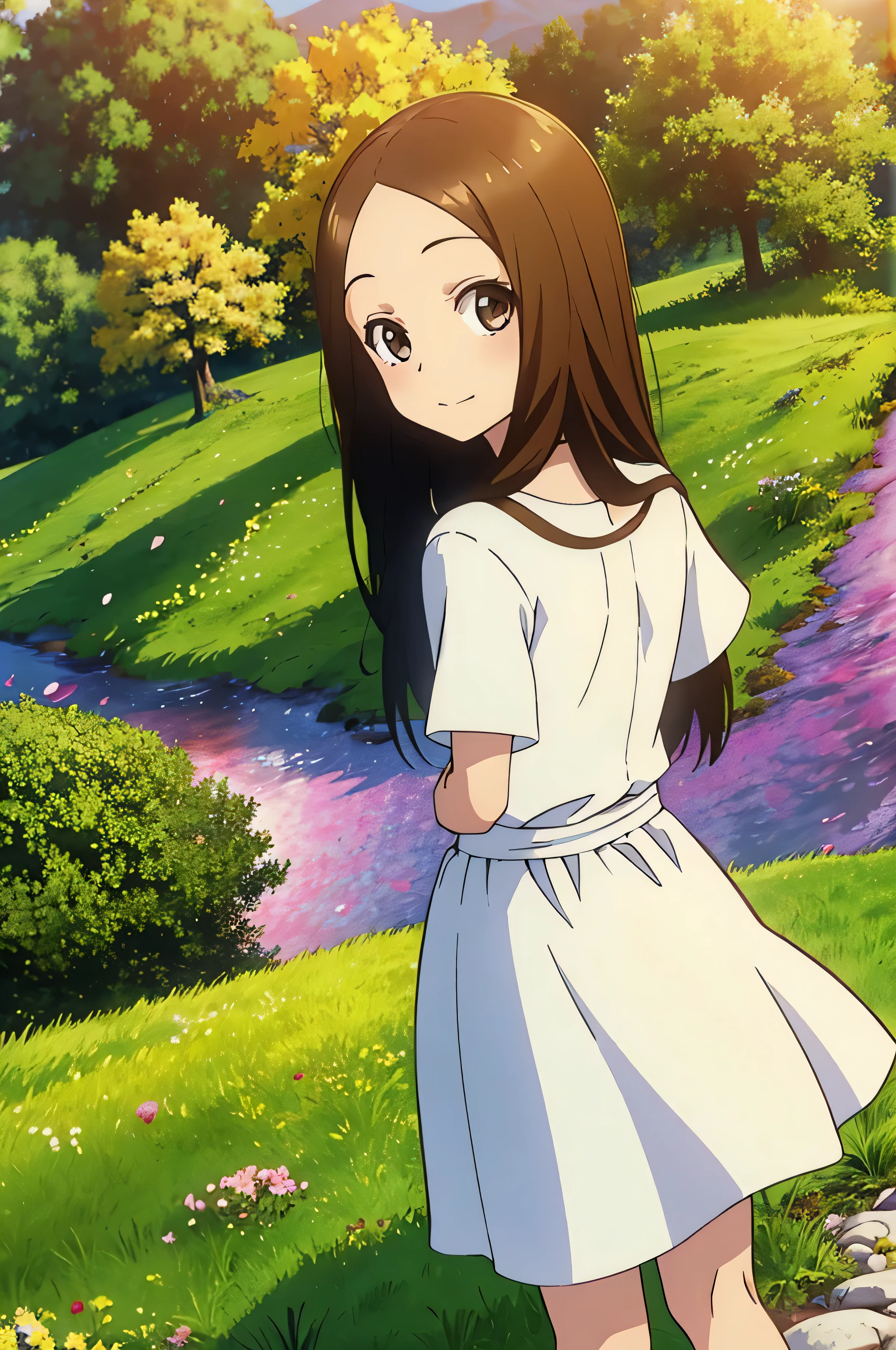 (Realistic),(Photorealistic),Takagi_San, 1girl in, Height 155 cm,Long hair, Brown hair, Part bangs, Brown eyes,((German traditional dress)),((white shirt below dress)),(green dress), Forehead, Smile, Looking at Viewer, mastepiece, Full body, Best Quality, (Colorful), volumatic light, Ray tracing, Extremely Detailed CG Unity, 8K Wallpapers, ((flying petals)), (Flowery meadow), Sunny, Sunshine, light, Fantasy, Windy, magic sparks, Trees, lake, mountainscape, ((Flowers)), weeds