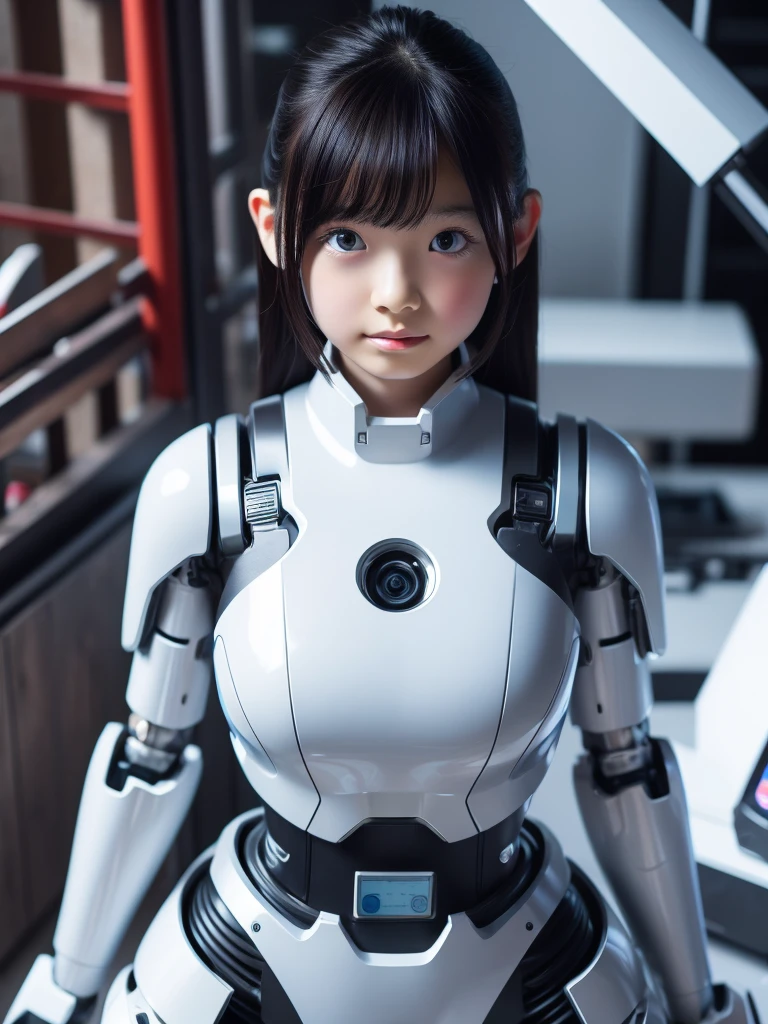 masterpiece, Highest quality, Very detailed, 8K Portrait,日本のAndroidの女の子,Plump , Control panel,robotの腕と脚, Blunt bangs,Chubby,Squat,perfect robot girl,Long tube,A thick cable was attached to her neck.,Android,robot,humanoid,cyborg,japanese cyborg girl ,robot-assembly plant,