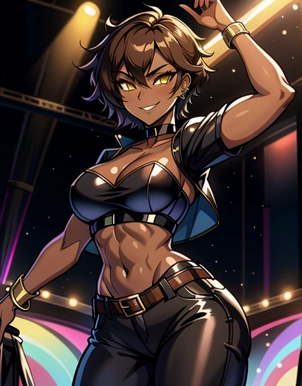 8K, (best quality, masterpiece:1.3), (detailed:1.2), 1girl, solo, 26 years old, tomboy, (shiny skin), (midriff:1.2), (tan-bronze skin), (Yellow eyes), short brown hair, medium breasts, (Cleavage), (Wearing: blue jacket, choker, Strapless black top, Belt, Black shiny leather pants), tight fitting clothing, piercings, toned, hourglass figure, athletic, snarky expression, wide smile, (agile physique:1.1), (Character Focus),Perfect Anatomy, Looking at Viewer, at a rave, nightclub background,