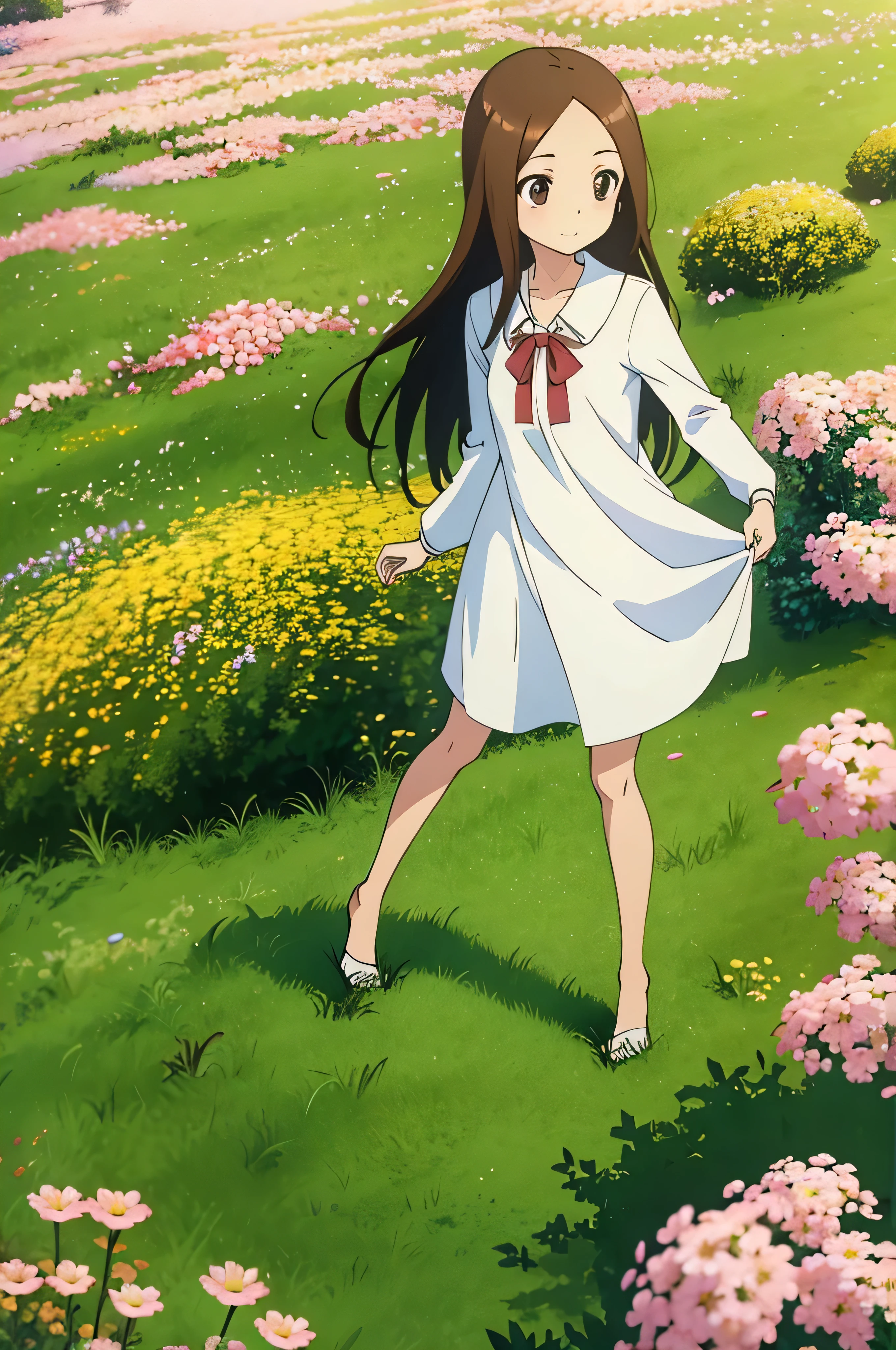 (Realistic),(Photorealistic),Takagi_San, 1girl in, Height 155 cm,Long hair, Brown hair, Part bangs, Brown eyes,（（German traditional dress））,（（white shirt below dress））,（green dress）, Forehead, Smile, Looking at Viewer, mastepiece, Full body, Best Quality, (Colorful), volumatic light, Ray tracing, Extremely Detailed CG Unity, 8K Wallpapers, ((flying petals)), (Flowery meadow), Sunny, Sunshine, light, Fantasy, Windy, magic sparks, Trees, lake, mountainscape, ((Flowers)), weeds