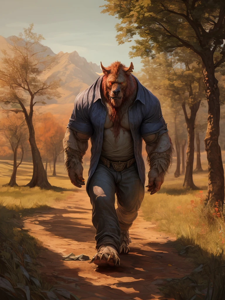 (best quality, highres, ultra-detailed, realistic:1.37), huge muscular furry (red bull), walking in fantasy world, traditional pants and shirt, trees in the background, open fields, ground road, vivid colors, concept artists, warm color tones, soft lighting