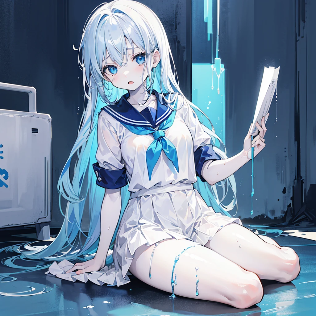 One Woman,((White skin, sitting on the floor, sadness,Despair)) background((blue,Muddy color))Straight face,Open mouth Light blue hair,ショートボブ blue目,There are no highlights,Sailor suit without shine,blue色 ペンキがかかる,blue