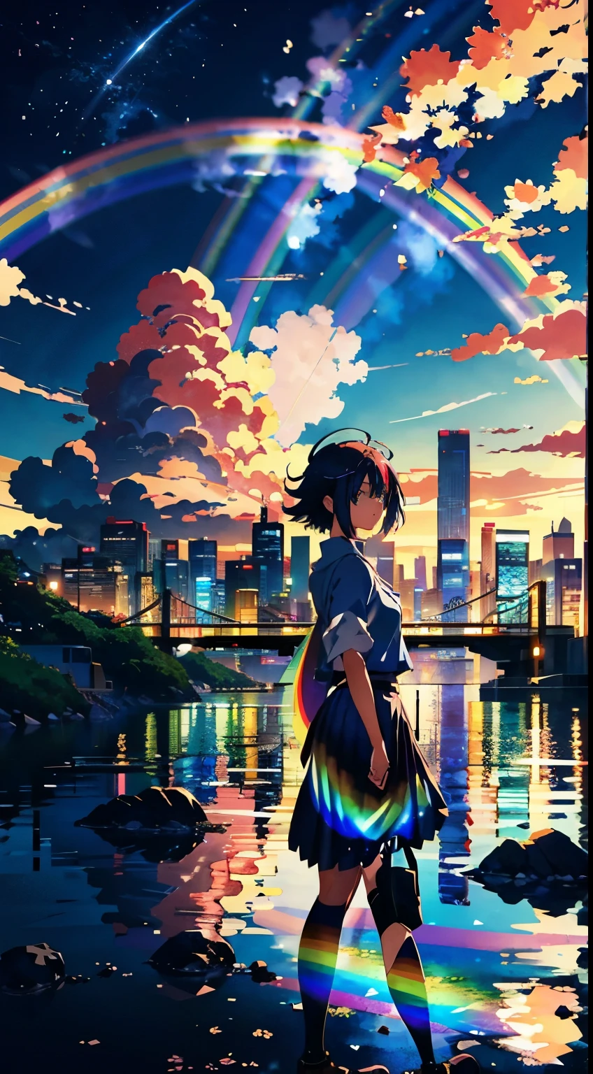 ((Rainbow Giant))、Anime girl looking at the big city scenery,Near future city、 Makoto Shinkai Cyril Rolland, anime art wallpaper 4k, anime art wallpaper 4k, Anime Art Wallpapers 8K, Inspired by Cyril Rolland, Dan Mumford&#39;s Artwork Style, Awesome Wallpapers, By Yuumei