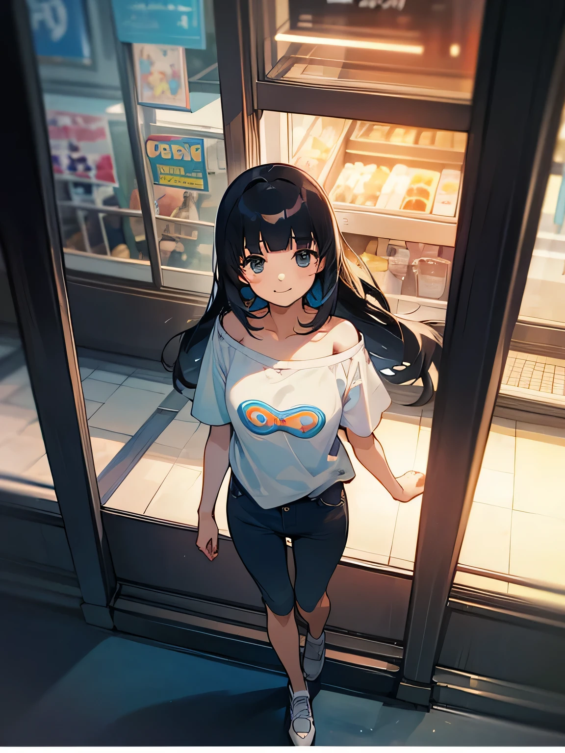 from above:1.3,dutch angle,30years old, walking through, black fine long hair, (blunt bangs), tsurime, off shoulder, thin pastel blue t-shirts, mini pants, (I'm the main character), looking away, on the street, on the shopping street, looking at the show window,happy smile,(たくさん買い物した)