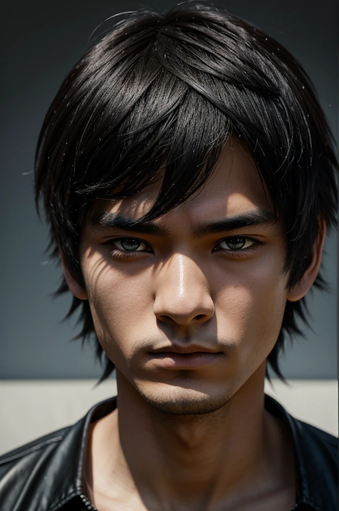 an eighteen year old Japanese, have fair skin, His eyes are blue and his hair is in an emo style with bangs covering part of his eye on the left side., one eye covered by bangs, the young man is six feet tall and two centimeters tall. captured in an ultra-realistic full HD 4K portrait, detailed texture showing its menacing shape, Immersive atmosphere, high definition shadow play, digitalpainting, nevoa no environment.
