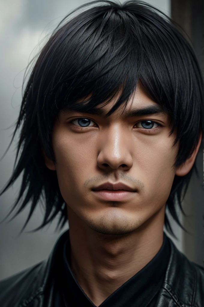 an eighteen year old Japanese, have fair skin, His eyes are blue and his hair is in an emo style with bangs covering part of his eye on the left side., one eye covered by bangs, the young man is six feet tall and two centimeters tall. captured in an ultra-realistic full HD 4K portrait, detailed texture showing its menacing shape, Immersive atmosphere, high definition shadow play, digitalpainting, nevoa no environment.