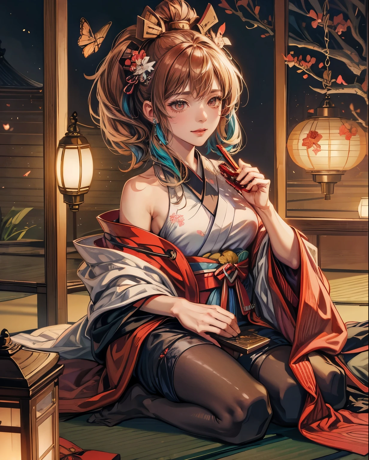 **Dressed in a gorgeous and beautiful uchikake decorated with butterflies and flowers.、A woman holding a kiseru is relaxing in a tatami room.. She has a beautiful face and bright, sparkling eyes. She wears a luxurious and colorful kimono. luxurious folding screen. At night, lanterns are lit in the dimly lit tatami room.. Detail view. Vibrant colors. high resolution.