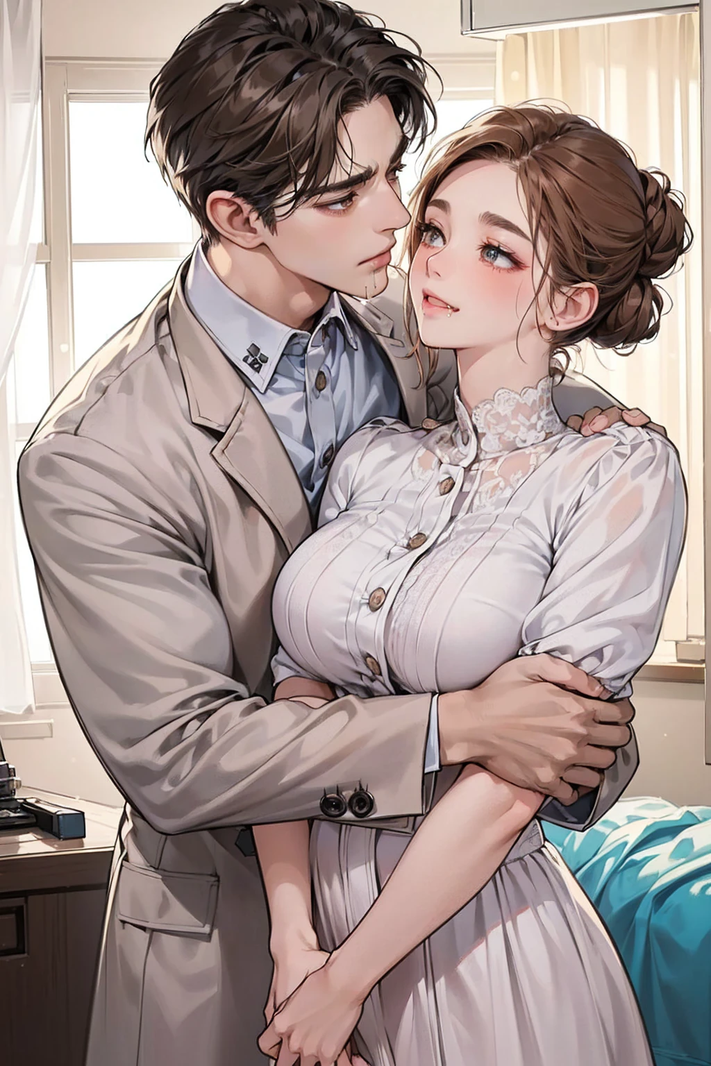 (table top, digital art, digital illustration, 4K, 8k, very detailed, beautiful photos, clear image, realistic, RAW photos, perfect face, perfect line, perfect eyes, soft lighting) female 1명, (light brown hair,chignon head held high,Innocent look,lowered eyebrows,drooping eyebrows,drooling eyes,cute big eyes,natural makeup,Please smile kindly,round chin, female:1.3),Two handsome men in suits, (human,men in suits,muscular,My shoulder width is solid.,adult male,boyish hairstyle,british gentleman style,A man in his 30s with a cool expression,A 28-year-old man with a bright smile:1.2),(uneasy,be ashamed,sleepy,embarrassing from:1.2),innocent smile,(embarrassing from,shy smile:1.1),open hospital、hospital room full of light、bed、nurse、nurse、nurse Uniform Cosplay、kiss、couple、couple kissing、romance、???、???하다、wet pubic area、insert 、????、flood、Full-body painting,(one girl and one man,???를 하다:1.5),(human,adult male,caressing a woman's chest:1.2),cheek dye、panting face、embarrassing、boredom、begging、unhappy、greedy expression,wet pubic area、 zen、open your crotch wide、cowgirl、Fluttering、wet shirt、lace underwear、Take off your underwear、With your mouth wide open、Akanbi、transparent nipples、Lift up your skirt、Show panties、plugin、 plugin、penetrating into the genitals、