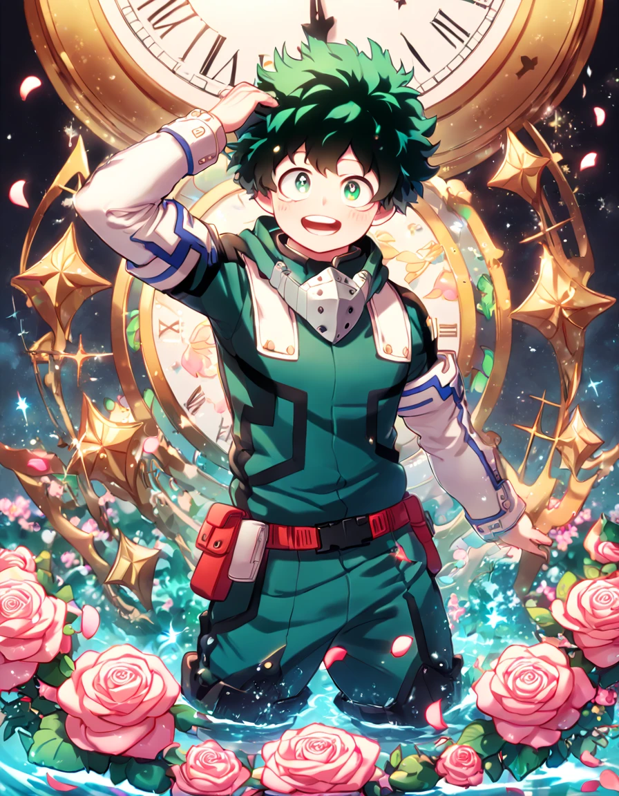absurdres, highres, ultra detailed, HDR, masterpiece, extremely detailed, Midoriya Izuku, dark green hair, expressive green eyes, Boku No Hero Academia, solo, sexy man, handsome, sensual, water, dark green hero clothes, magical, fantasy, glittering, shining, pink roses, blossoms, petals, in woderland, clock, manly man