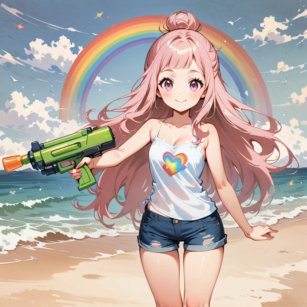 1 person,camisole、Wearing short jeans pants、Pink eyes,(Pale pink girl)、(((Long Hair))),(Bun hairstyle)、(Disjointed bangs),Paint a rainbow on a blue sky background、Play with a water gun、Cartoon style character design，interesting，A big smile，Clean Lines