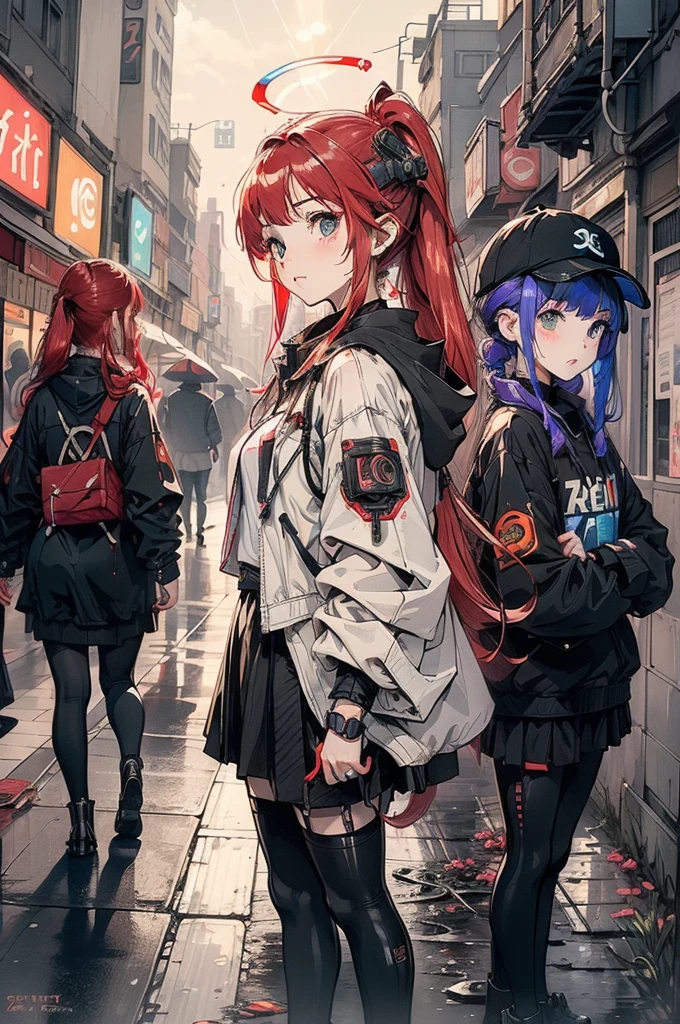 (Two Girls:1.4)、(Clothes with futuristic gadgets:1.4)、masterpiece, Highest quality, Realistic, Scattered beneath the surface, colour付き照明, colour, red + 黄colour + green + Blue limited edition colour palette, Detailed concept figure, Line art, figure, cyber punk, 18 year old girl, Fearless, Robot Companion, Urban Armor, Cybernetic Enhancements, Neon Street in the Rain, Hidden Resistance, Neon Umbrella, Encode the message, (close)Each girl has red hair in twin tails、Red hair ponytail, Red hair long curly hair, Sparkle Effect, Angel Halo, Lens flare,