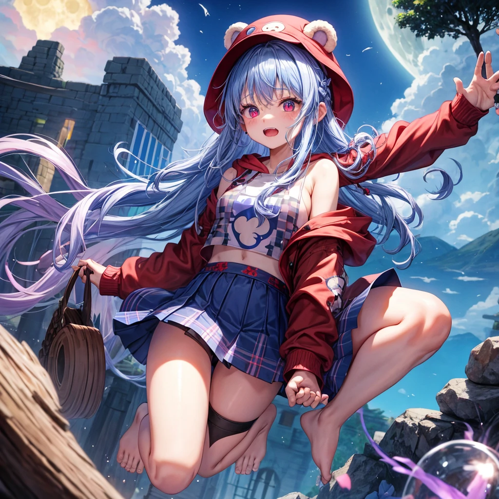 Blue-light purple hair、Red eyes、Braid、One cute girl、solo、And soul、Light clothing、Checked mini skirt、petal、Wet hair、black t-shirts、hoodie、bear ear hat、large tree、cloud、Red full moon、desert、barefoot、Stones are piled up、Teeth are visible、Secret Treasure、Fortress City、Tilting face、hourglass