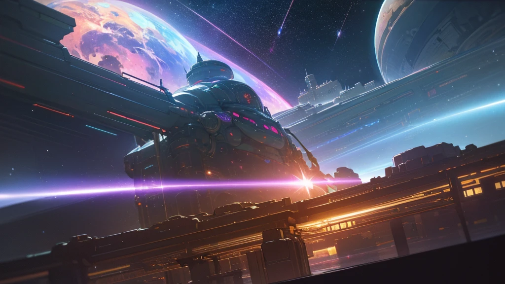 a futuristic space station in a cosmic space setting, a large jupiter planet in the background, highly detailed, cinematic lighting, dramatic atmosphere, intricate machinery, gleaming metallic surfaces, glowing panels, floating holographic displays, spaceship docking bays, breathtaking cosmic landscapes, nebulae, stars, photorealistic, 8k, ultra-detailed, best quality