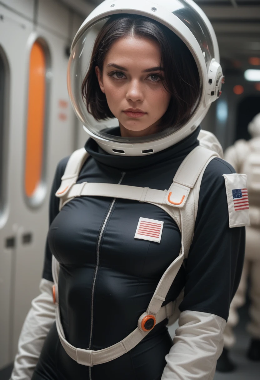 Black woman with short straight hair wearing sexy futuristic astronaut outfit, fully body.