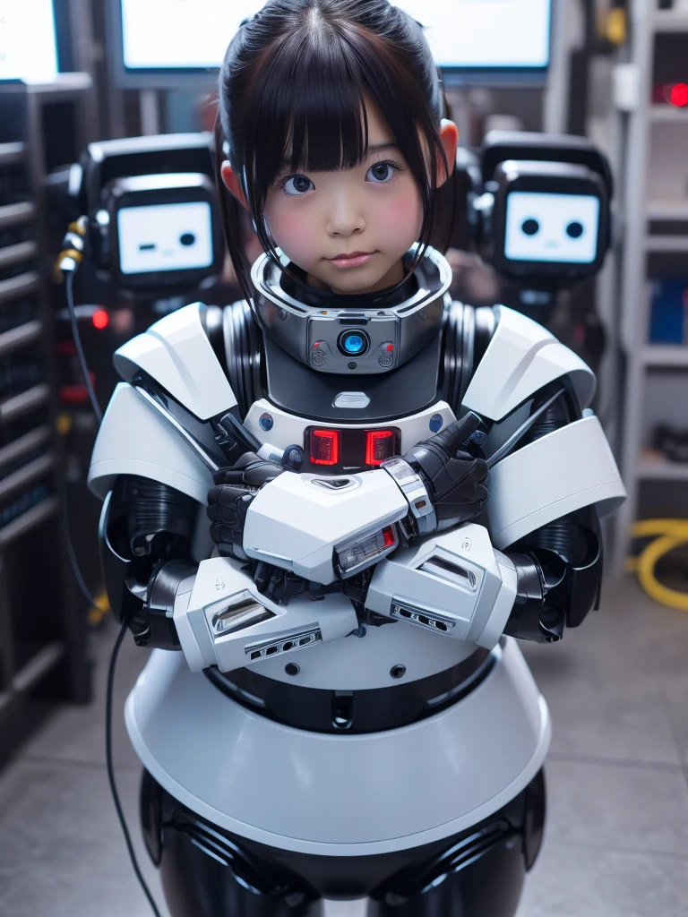 masterpiece,日本のAndroidの女の子,Plump , Control panel,robotの腕と脚, Blunt bangs,Chubby,Squat,perfect robot girl,Long tube,A thick cable was attached to her neck.,Android,robot,humanoid,cyborg,japanese cyborg girl ,robot-assembly plant,