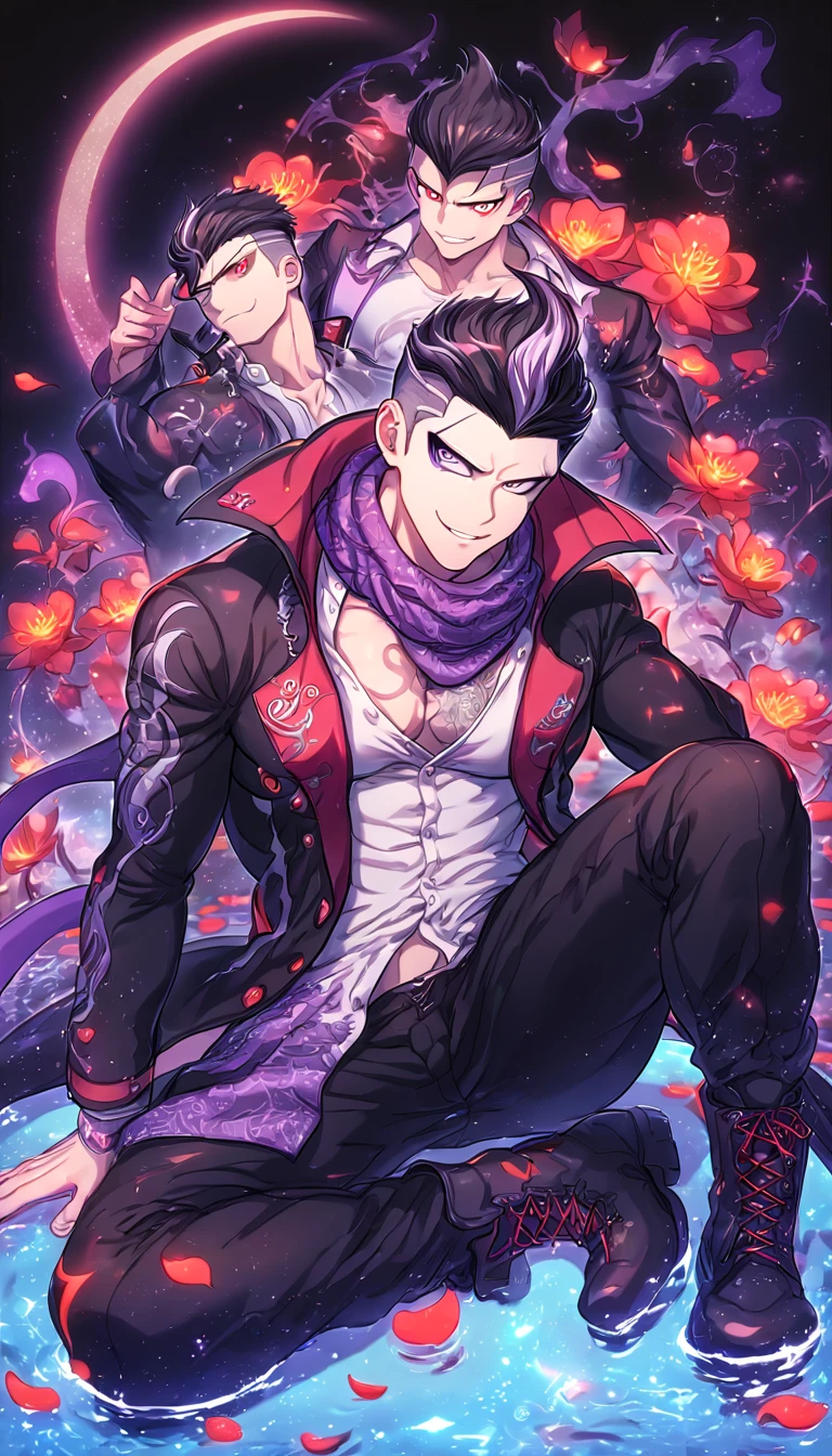 absurdres, highres, ultra detailed, HDR, master piece, Gundham Tanaka, black hair, heterochromia, expressive left gray eye, expressive right red eye, black coat, white shirt with purple pattern, purple scarf, black pants, black boots, Danganronpa, sexy man sitting, handsome, best quality, red glittering crescent moon, red flowers, fantasy, magical, solo, water, red shining fireflies, red petals, sensual, horny, manly man, handsome smile,