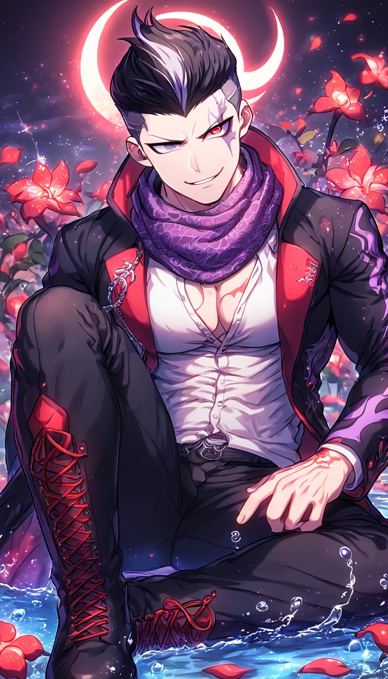 absurdres, highres, ultra detailed, HDR, master piece, Gundham Tanaka, black hair, heterochromia, expressive left gray eye, expressive right red eye, black coat, white shirt with purple pattern, purple scarf, black pants, black boots, Danganronpa, sexy man sitting, handsome, best quality, red glittering crescent moon, red flowers, fantasy, magical, solo, water, red shining fireflies, red petals, sensual, horny, manly man, handsome smile,