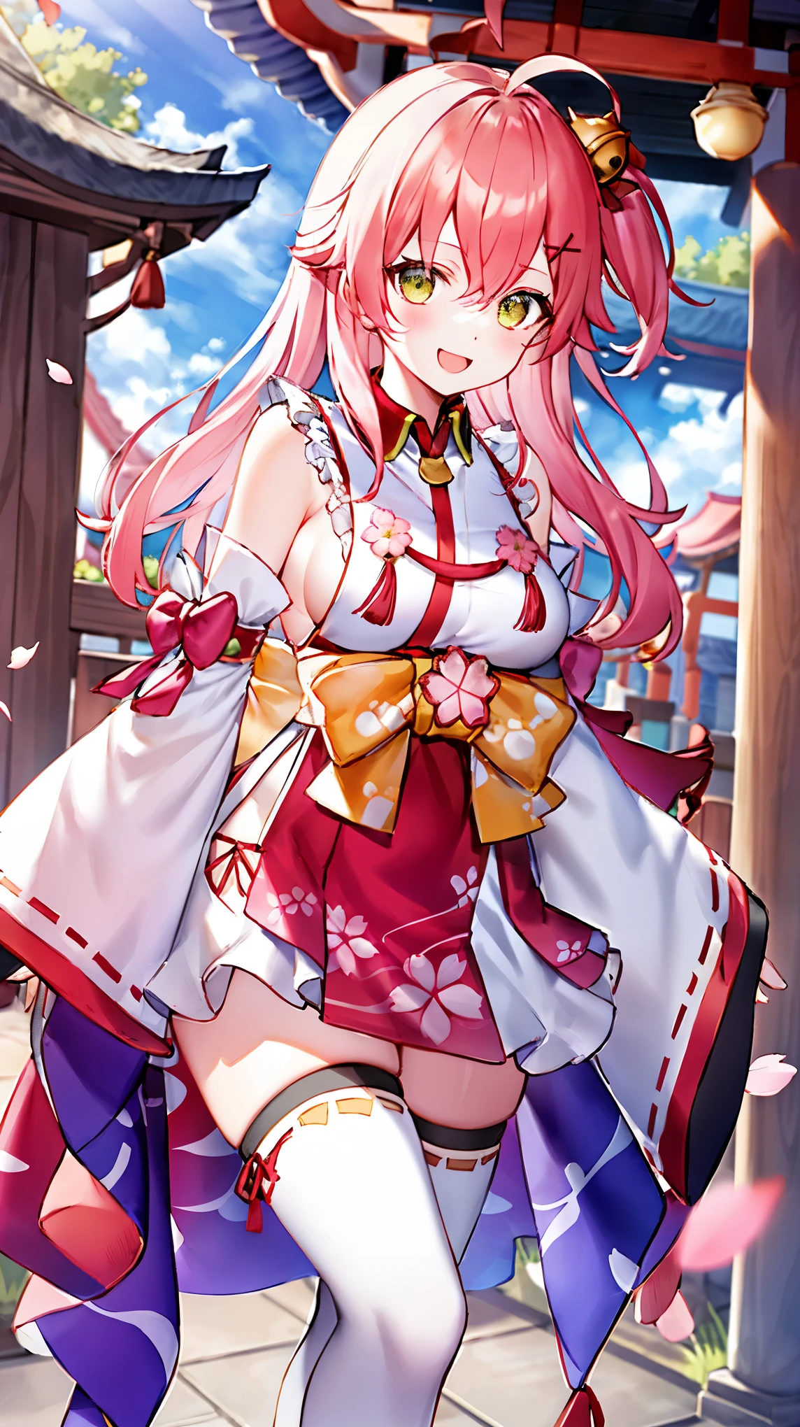 masterpiece, best quality, highres, miko1, sakura_miko, 1girl, big_boobs, solo, ahoge, x_hair_ornament, pink_hair, floral print, hairclip,(side_less_clothes:1.5), (side_boobs:1.5), hair_bell, floral print, long_hair, hair between eyes, one side up, white thighhighs, asymmetrical legwear, wide sleeves, open_mouth,(happy:1.3),gleen_eyes,big_smile,(rise_leg:1.3),plump,apart_legs,(overly_long_sleeves:1.3),),sleeves_past_wrists,hands_hidden_sleeves,sidelock_clothes,dynamic_posing,solo,hidden_wrists,(XD:1.4),covered_nipples,sunlight,cherryblossom_temple_landscape_background,