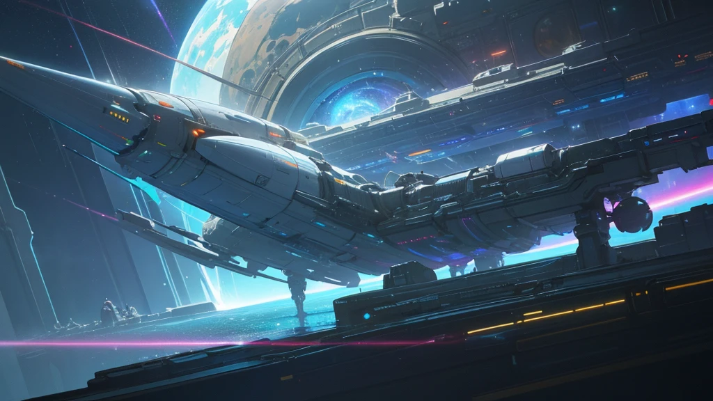 a futuristic space station in a cosmic space setting, a large jupiter planet in the background, highly detailed, cinematic lighting, dramatic atmosphere, intricate machinery, gleaming metallic surfaces, glowing panels, floating holographic displays, spaceship docking bays, breathtaking cosmic landscapes, nebulae, stars, photorealistic, 8k, ultra-detailed, best quality