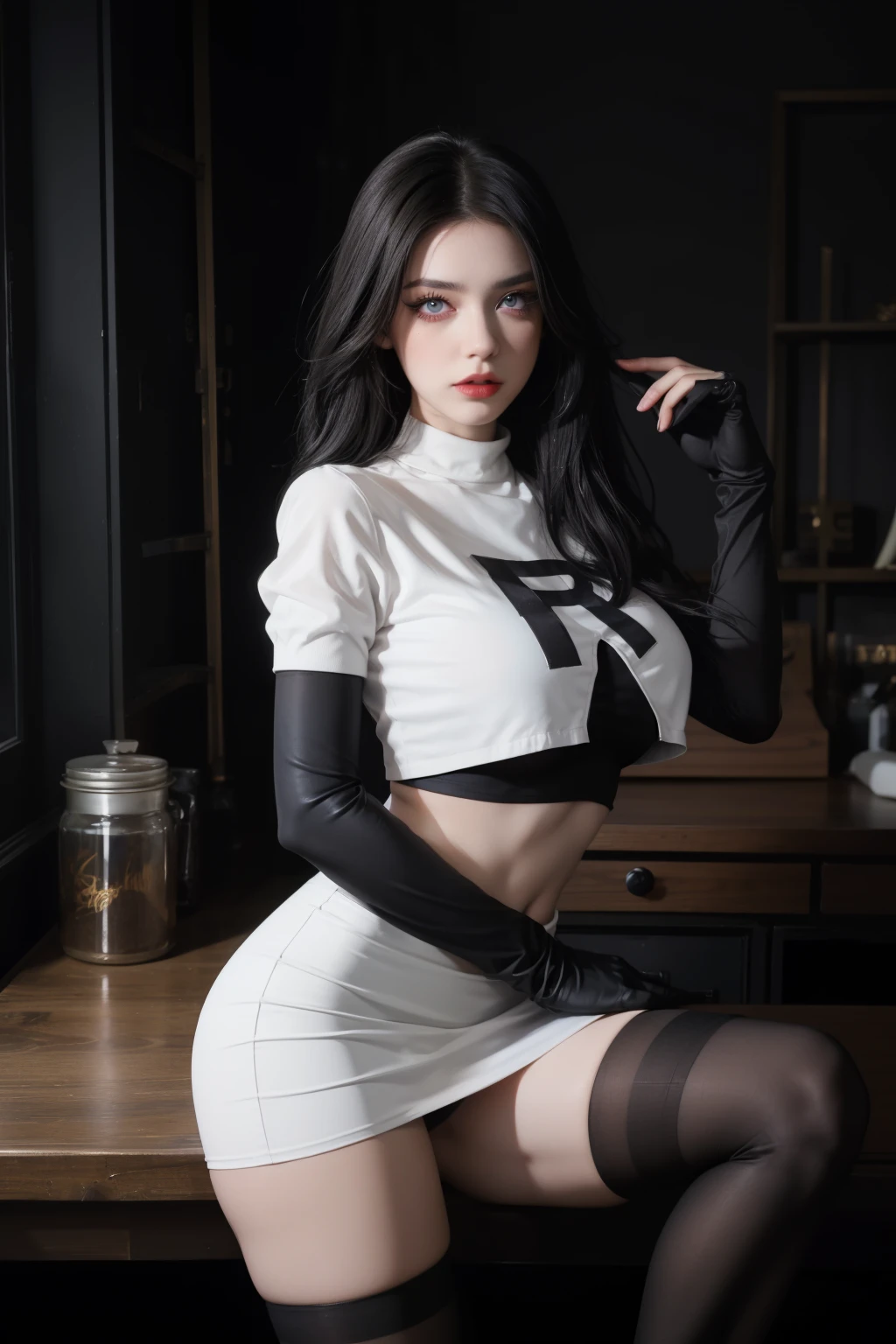 1girl, huge breasts, big ass, team rocket,team rocket uniform, red letter R, white skirt,white crop top,black thigh-highs,black elbow gloves, black hair, goth makeup, goth, eyeliner, pale skin, smoky eyes, eye shadow, mascara, bangs, indoors, blue eyes
