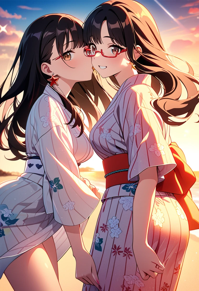 (pastel color:1.2), delicate skin,beautiful lighting,cowboy shot, 1girl,medium breasts,brown eyes are shining and cute,black hair,long hair,(red-rimless eyewear:1.2),star earrings,yukata,grin,((gleaming skin:1.4)),(in heat:1.4),look back,sandy beach,more_details:1.5,delicate colors, illustration, bright colors, beautiful,glass texture, Flower pattern Yukata, sunset,incoming kiss,