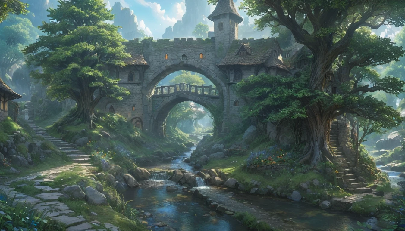(anime, fantasy, medieval village), (best quality, highres, HDR:1.2), vibrant colors, detailed landscape, intricate, an entrance to a medieval village over a small stream in a forest, arc entrance. beautiful, etheral light, detailed tree, dynamic lighting, general shot, fantastic landscape, high fxaa