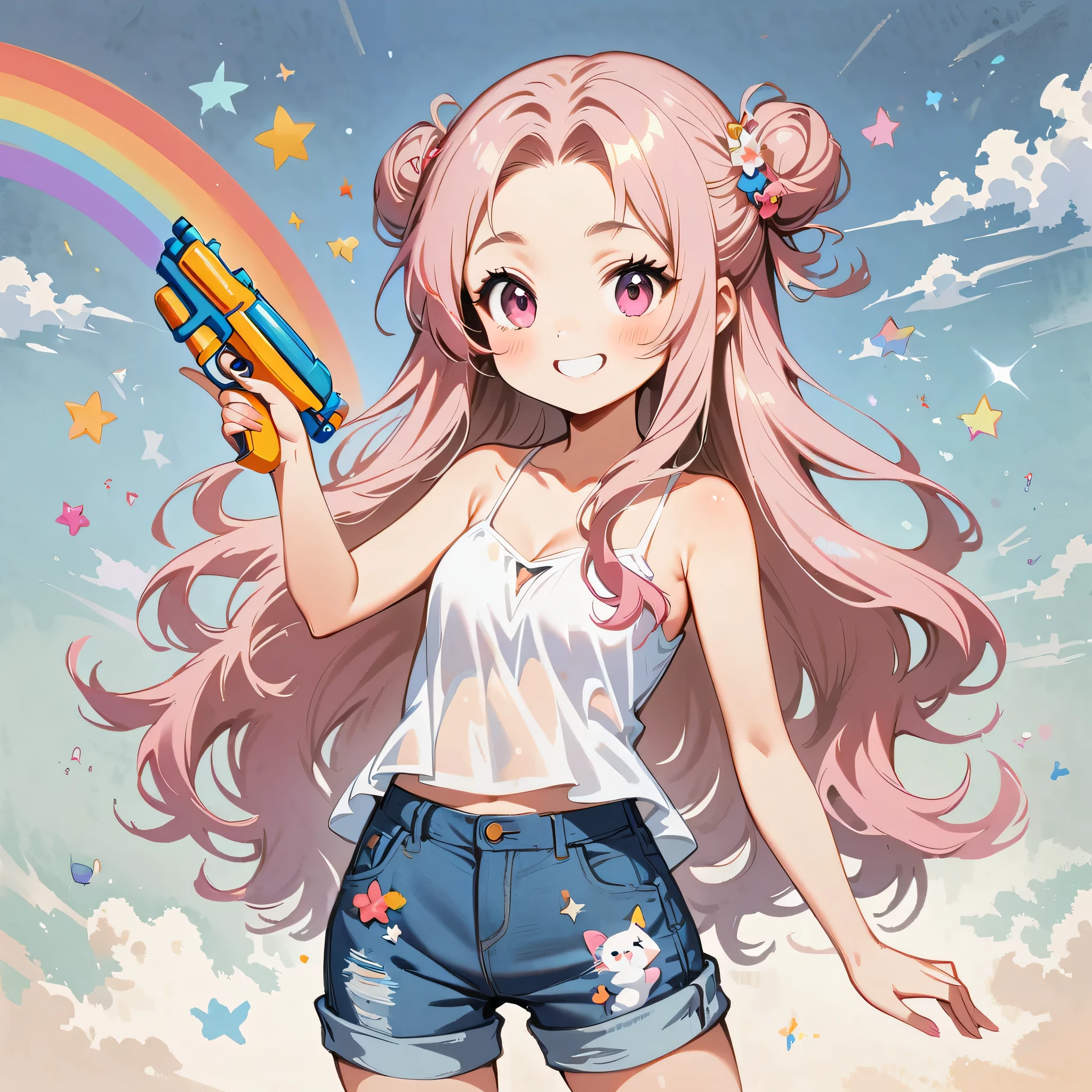 1 person,camisole、Wearing short jeans pants、Pink eyes,(Pale pink girl)、(((Long Hair))),(Bun hairstyle)、(Disjointed bangs),Paint a rainbow on a blue sky background、Play with a water gun、Cartoon style character design，interesting，A big smile，Clean Lines