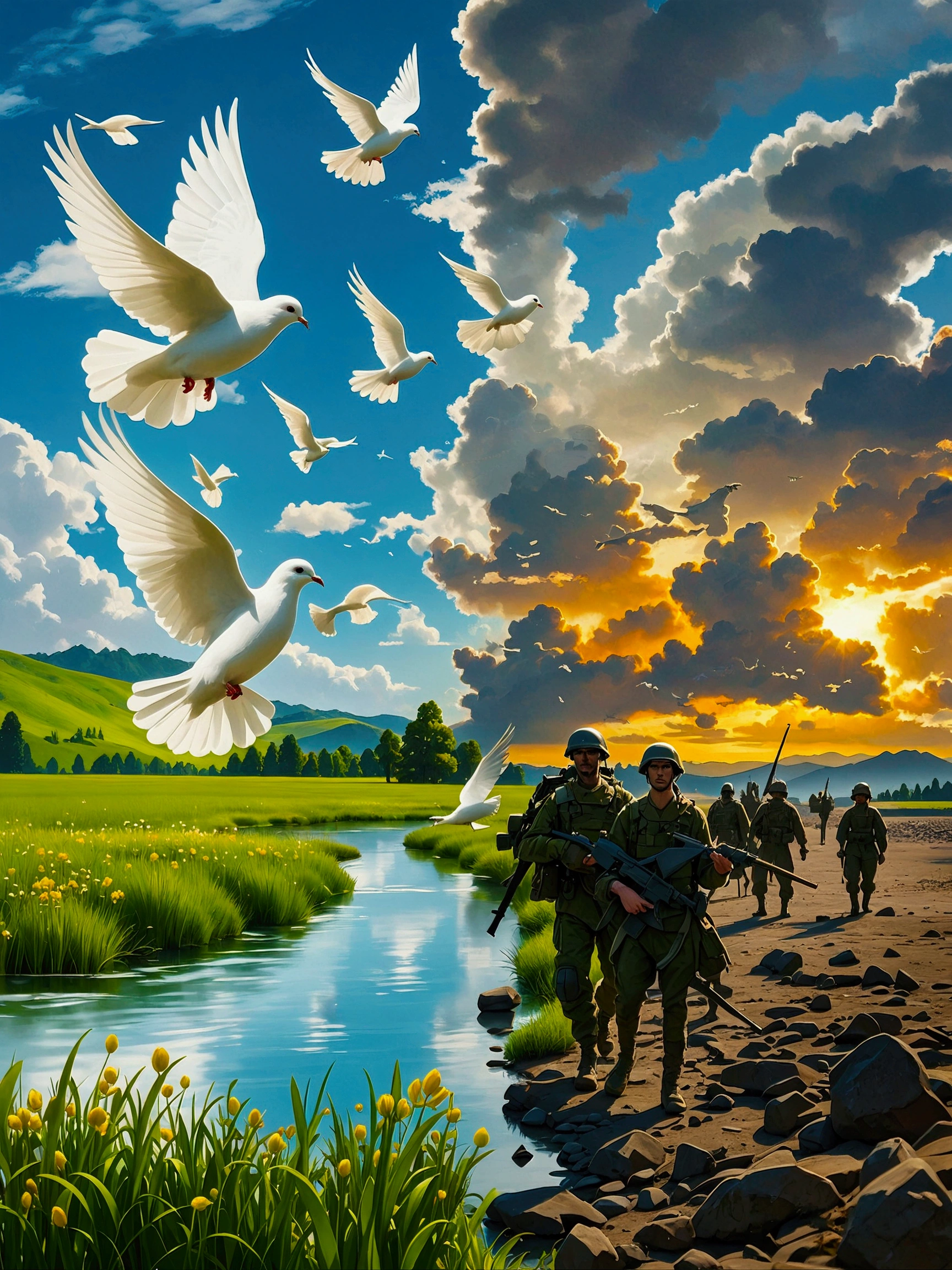 A balanced composition split into two halves, representing peace and war. On the left, illustrating peace: a calm, serene setting with doves flying against a clear blue sky. The backdrop contains lush green meadows and a pristine river flowing gently. On the right, illustrating war: the atmosphere is drastically different with a tumultuous, fiery landscape. There are silhouettes of soldiers with their weapons in the background, under a sky filled with smoke and distant explosions. Please render this in a realistic style.