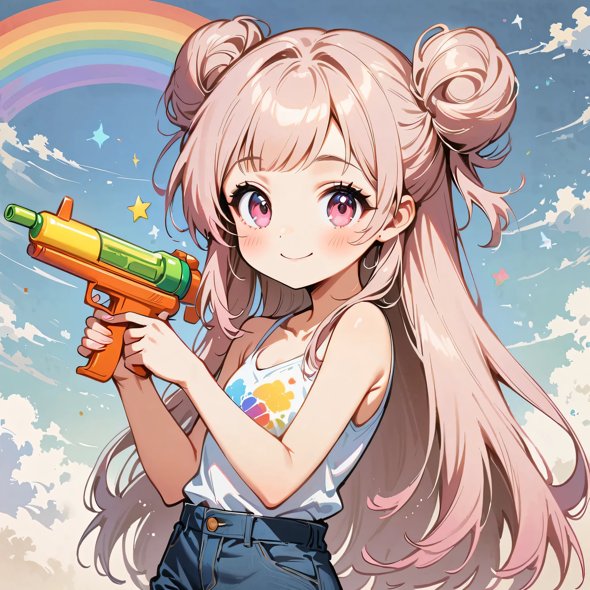 1 person,camisole、Wearing short jeans pants、Pink eyes,(Pale pink girl)、(((Long Hair))),(Bun hairstyle)、(Disjointed bangs),Paint a rainbow on a blue sky background、Play with a water gun、Cartoon style character design,interesting,A big smile,Clean Lines