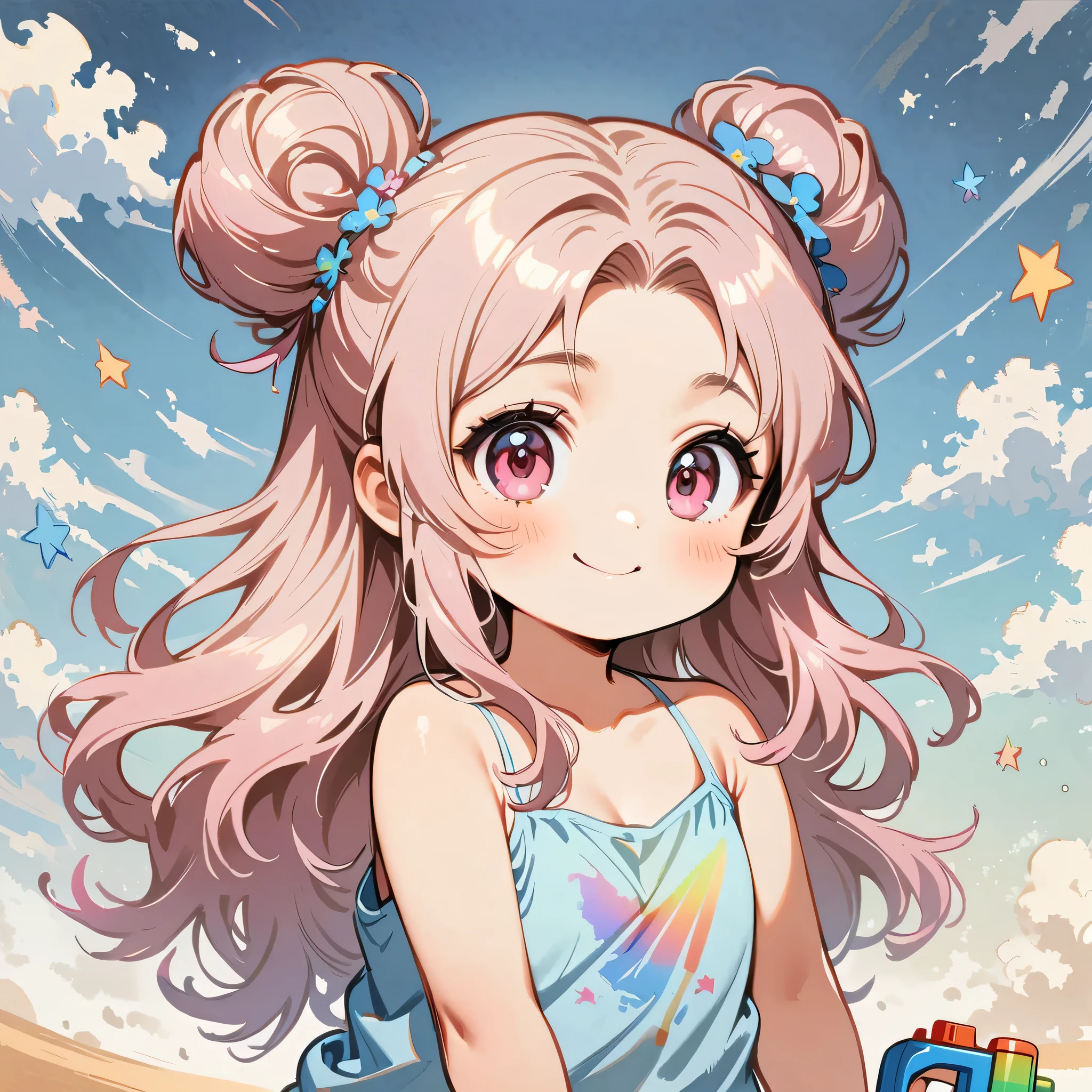 1 person,camisole、Wearing short jeans pants、Pink eyes,(Pale pink girl)、(((Long Hair))),(Bun hairstyle)、(Disjointed bangs),Paint a rainbow on a blue sky background、Play with a water gun、Cartoon style character design，interesting，A big smile，Clean Lines