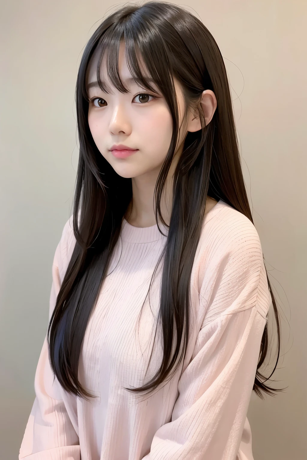 blush, Long hair, fringe, simple background, 