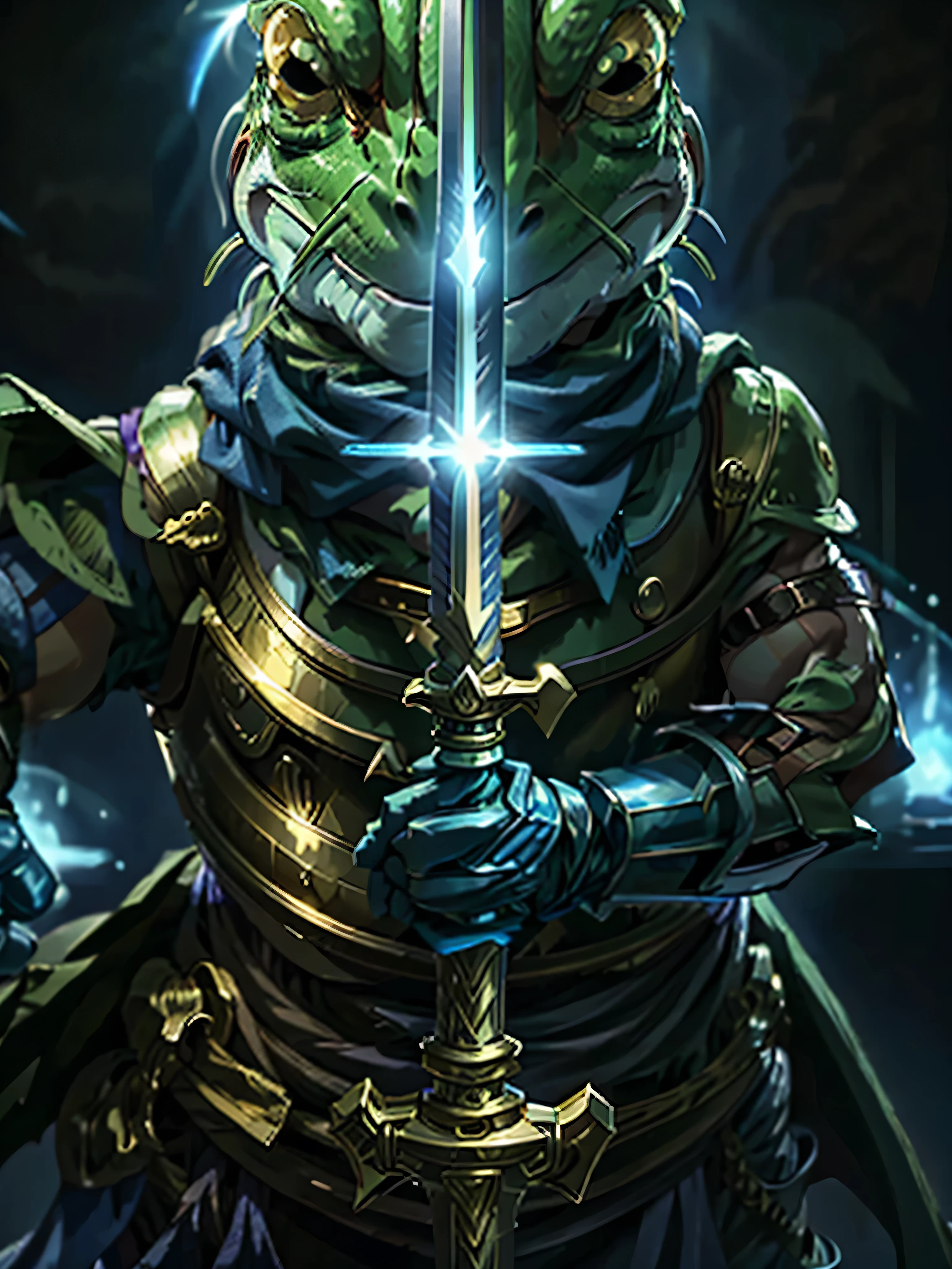 solo, 1boy, Frog_CT, gold breastplate, swordup, holding the hilt of the sword with both hands, looking at viewer, close-up, blue glove, golden breastplate, green cape, blue lights, blue fire, dark scene, masterpiece