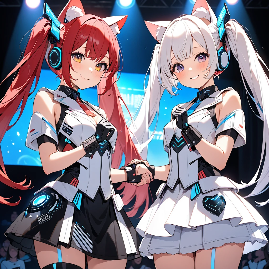 best quality, masterpiece, highres, detailed, perfect anatomy, multicolored hair, hairband, happy, heterochromia, cowboy shot, curtsey, (braid:1.2), animal ears, animal tail, cat ears, cat tail, dog ears, dog tail, fox ears, fox tail, (masterpiece), science fiction, scenery, 1girl, smile, multicolored hair, heterochromia, headgear, dj, dj booth, booth, neon lights, stage, short hair, twintails, sound board, neon pallete,