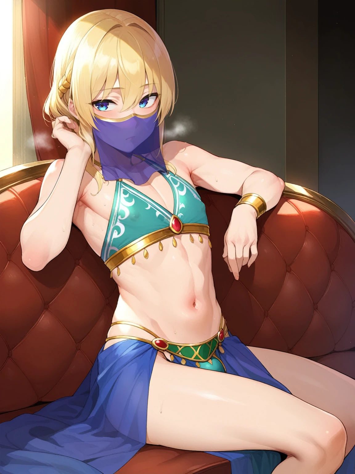score_9, score_8_up, score_7_up, score_6_up, source_anime, BREAK by ikuchan kaoru, iku, clean color, flat color, sitting, indoors, presenting, couch, 1boy, femboy, bored, apathetic, blonde hair, break, ((arabian clothes)), belly dancer, face veil, veil