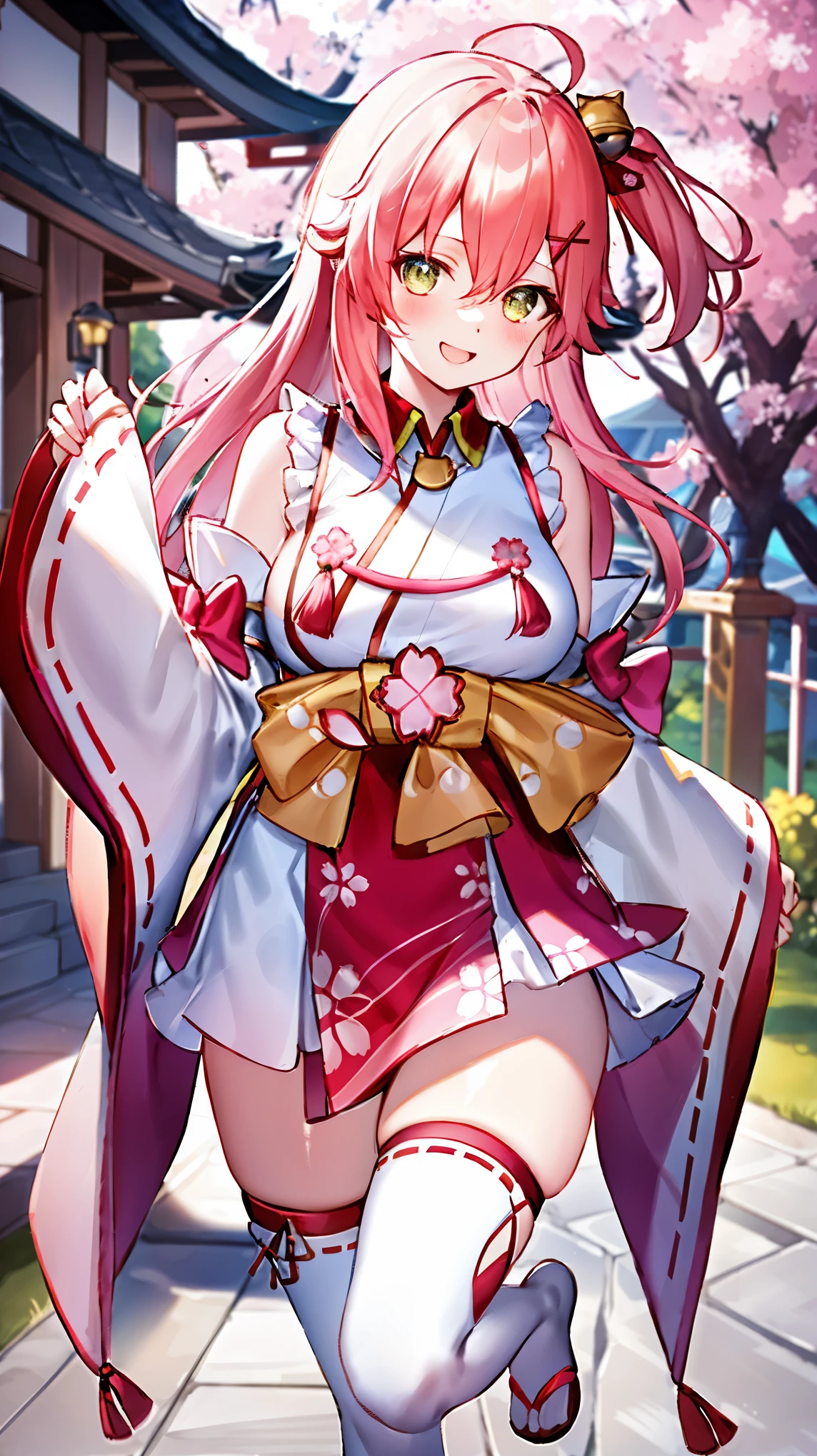 masterpiece, best quality, highres, miko1, sakura_miko, 1girl, big_boobs, solo, ahoge, x_hair_ornament, pink_hair, floral print, hairclip,(side_less_clothes:1.5), (side_boobs:1.5), hair_bell, floral print, long_hair, hair between eyes, one side up, white thighhighs, asymmetrical legwear, wide sleeves, open_mouth,(happy:1.3),gleen_eyes,big_smile,(rise_leg:1.3),plump,apart_legs,(overly_long_sleeves:1.3),),sleeves_past_wrists,hands_hidden_sleeves,sidelock_clothes,dynamic_posing,solo,hidden_wrists,(XD:1.4),covered_nipples,sunlight,cherryblossom_temple_landscape_background,