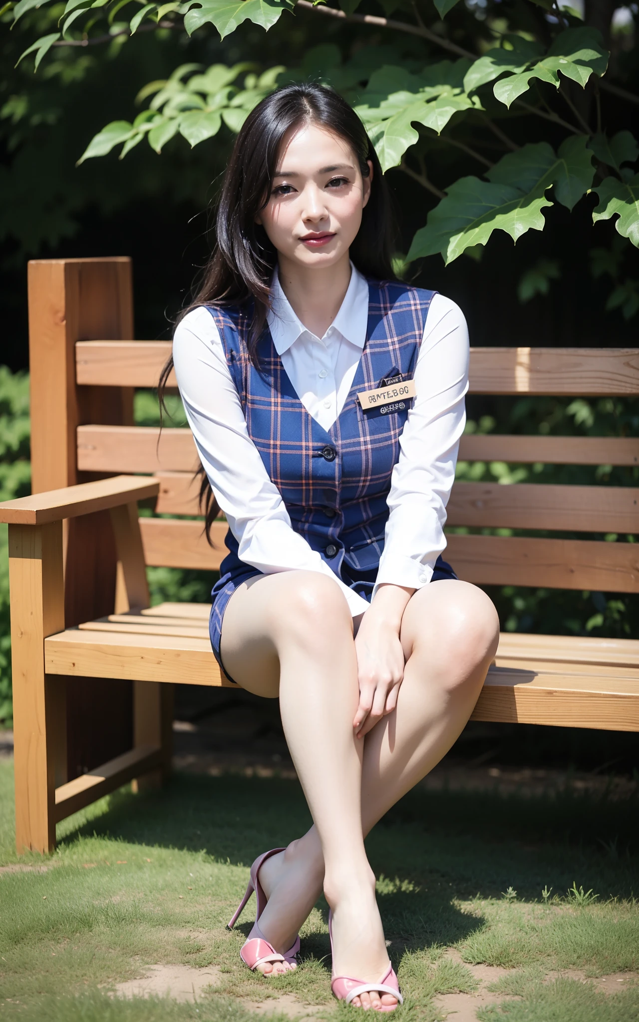 Ulchan-6500-v1.1, (RAW photo:1.2), (Photoreal), (genuine:1.4), 1milf, perfect anatomy, 48 years old, plump body:0.5, look at the viewer, medium long hair, Plaid vest, ((sit on the grass and open legs:1.0))、(super realistic pantyhose:1.2), (high heels), (business services)、under shade of tree