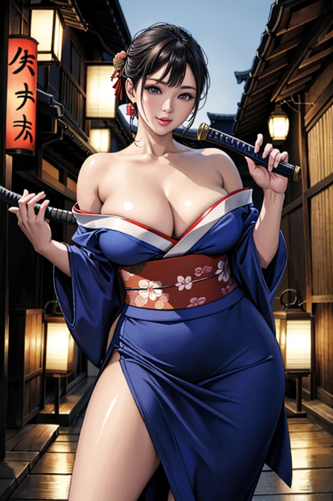 (Browsing Caution), (RAW Photos), (Realistic), (Photorealistic), Ultra-high resolution, masterpiece, Highest quality, Portraiture, facial Portraiture, Perfect lighting, Detailed lighting, Dramatic Shadows, Ray Tracing, Pure Eros Face_v1, Urzan-6500-v1.1, ((holding a Katana)), random sexy pose, cowboy shot, looking at viewer, ((wearing a sexy kimono)), ((in old Japanese street)), (((bare shoulders))), ((night)),