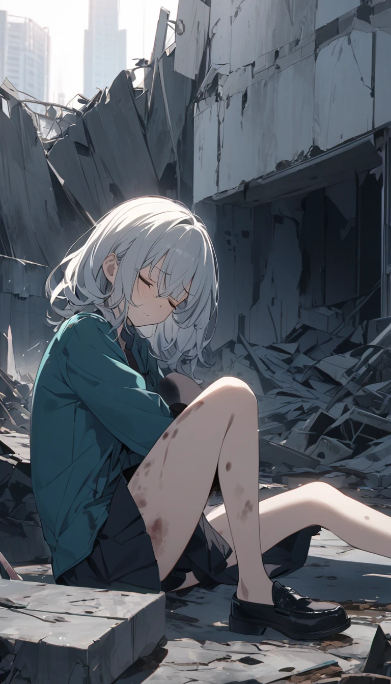 A sad little girl, Sad eyes, Almost crying, (Expression of fear), Shy face, Frightened expression, 10 years old, Practical, (She was wearing loose panties), (City in ruins), Sit in a shabby armchair, She wore a raised, Soft, Completely relax in, [NFSW,], Face turned to the left, #100: Messy Platinum Blonde Short Hair,  Hair tied with a red bow, Delicate face, Freckles, masterpiece,