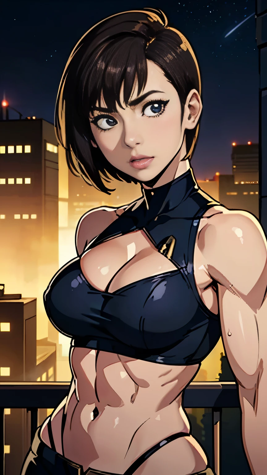 photo of mlp Meowko, RAW, beautiful woman, ((portrait)), ((detailed face:1.2)), ((anime face, anime facial feature, clear skin, glossy anime lips, clear skin), (short messy lesbian haircut, brunette: 1.55), (perfect proportioned body, Strong, muscular, narrow waist, narrow hips, skinny, large breasts, cleavage), arched back, (revealing clothes, wearing Star Trek sexy clothes. professionally retouched), (city balcony, midnight city, stary sky), (realistic photo, best quality, detailed), (8k wallpaper), (cinematic lighting, beautiful light, (night:1.3)) (sharp focus, intricate)