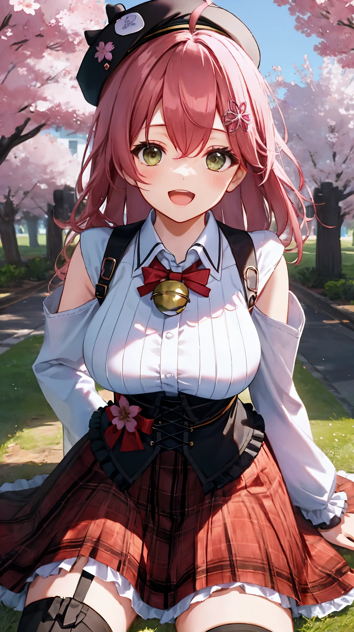 masutepiece, Best_Quality, hight_resolution, miko2,Ponytail, 1girl, Ahoge, black headwear, Hair Ornament, White shirt, black thighhighs, Pink hair, Red_skirt, very_short_skirt, plaid skirts, garter_strap, Collared shirt, hair clips, frilld, Bangs, hair between eye, frills skirt, beret, Pleated skirt, Hair Flower, Neck bell, , puffy long sleeves, Black bow, Underbust, Smile, (large_breasts:1.3),covered_nipples, green_eyes, happy, dynamic_angle,spread_legs,(big_smile:1.2),plump,open_mouth,shout,half_eyes,cherryblossom_park_landscape_background,