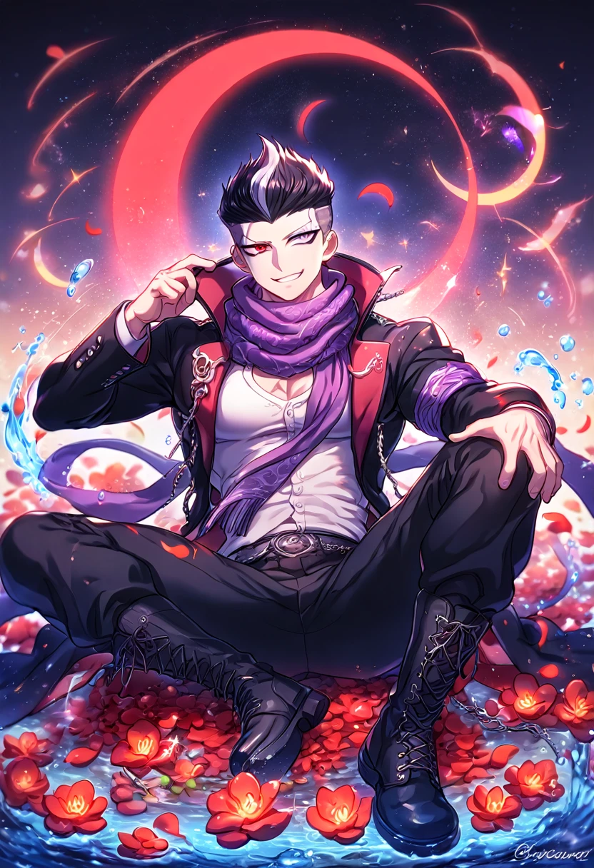absurdres, highres, ultra detailed, HDR, master piece, Gundham Tanaka, black hair, heterochromia, expressive left gray eye, expressive right red eye, black coat, white shirt with purple pattern, purple scarf, black pants, black boots, Danganronpa, sexy man sitting, handsome, best quality, red glittering crescent moon, red flowers, fantasy, magical, solo, water, red shining fireflies, red petals, sensual, horny, manly man, handsome smile,