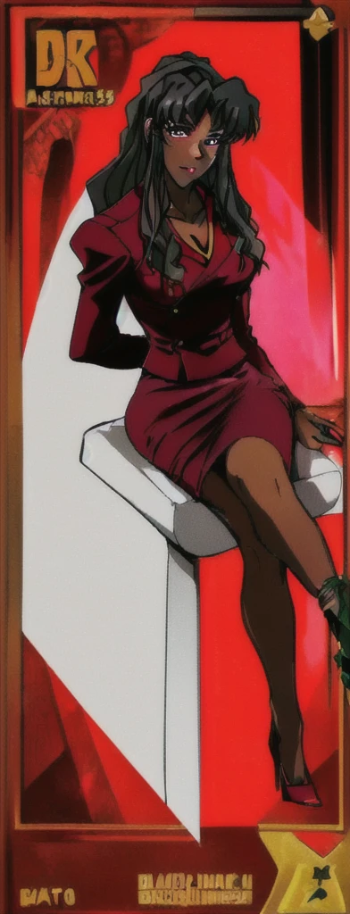 BLACK SKINNED BUSINESS WOMAN WEARING A BLOUSE WITH A RED SKIRT SUIT 90s ANIME ARTSTYLE WITH DARK
RED HEELS FULL BODY WEARING A SLIGHTLY LONG RED PENCIL SKIRT , MAKE ALL THE RED MATCH , SITTING